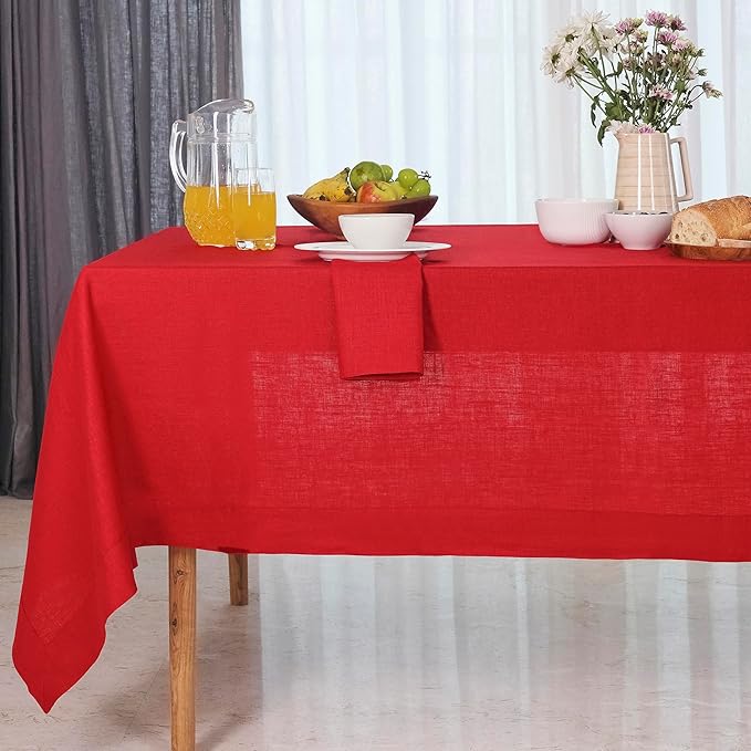 D'Moksha Homes Linen Tablecloth 60 x 120 Inch - 100% Pure Linen Bright Red Table Cloth for Rectangle Tables - Machine Washable Cloth Tablecloth for Fall, Thanksgiving, Christmas, Holiday