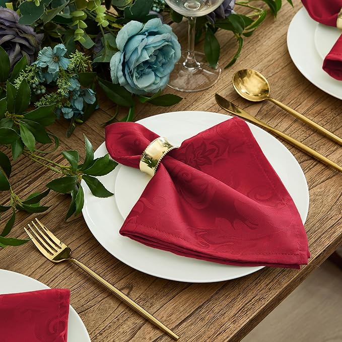 Newbridge Barcelona Damask Fabric Tablecloth, 52 x 52 Inch Square, Red – No Iron, Soil Resistant Table Cover for Dining, Parties and Holidays