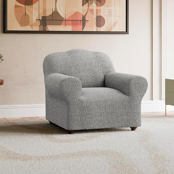 PAULATO BY GA.I.CO. Chair Cover - Armchair Cover - Armchair Slipcover - Cotton Fabric Slipcover - 1-Piece Form Fit Stretch Stylish Furniture Protector - Mille Righe Collection - Platinum (Chair)