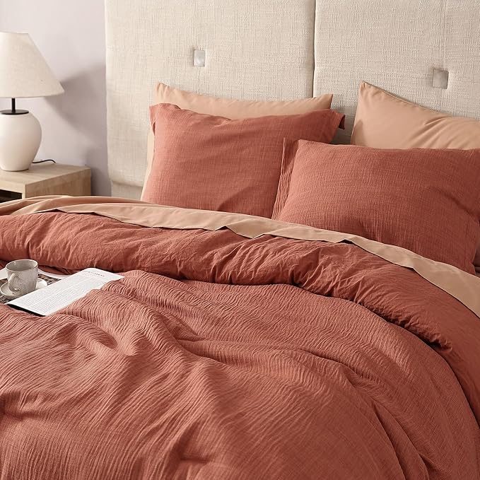 Geniospin Full Size Comforter Set- 7 Pieces Terracotta Textured King Bedding Set, Soft Solid Bed in a Bag for All Seasons, Fall Comforter Set with Sheets