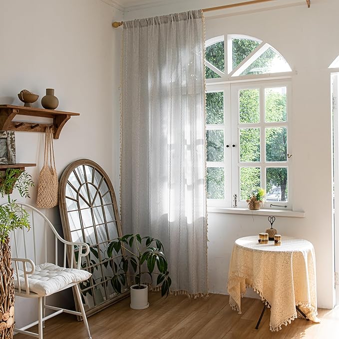 Sutuo Home Boho Curtain for Bedroom Living Room Kitchen, Semi Blackout Linen Farmhouse Shabby Chic Tassels Window Treatment Bohemian Embroidery Drape, Rod Pocket 1 Panel 52" W x 96" L, Light Grey