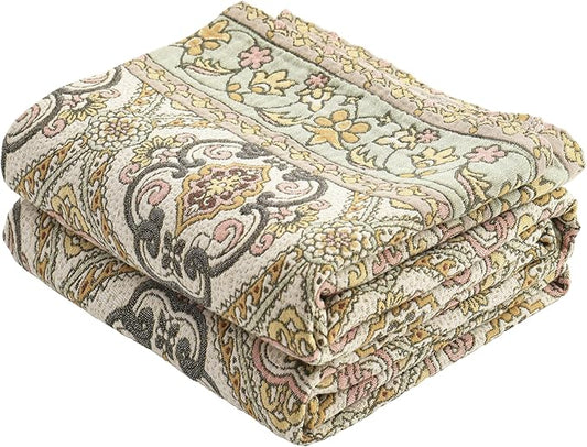 Boho Throw Blanket 80" x 90", 100% Organic Cotton Breathable Skin-Friendly Ultra Soft Bed Quilt Throw - Floral Rustic Decor Luxury Reversible Blanket for Sofa Couch Chair and Gift,