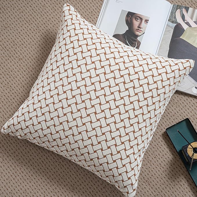 2025 New 18x18'' inches Throw Pillow Cushion Covers - Woven Grid Orange Color Chenille Jacquard Embroidery Luxury Modern Style Couch Sofa Bed Pillow Cover for Living Room Bedroom