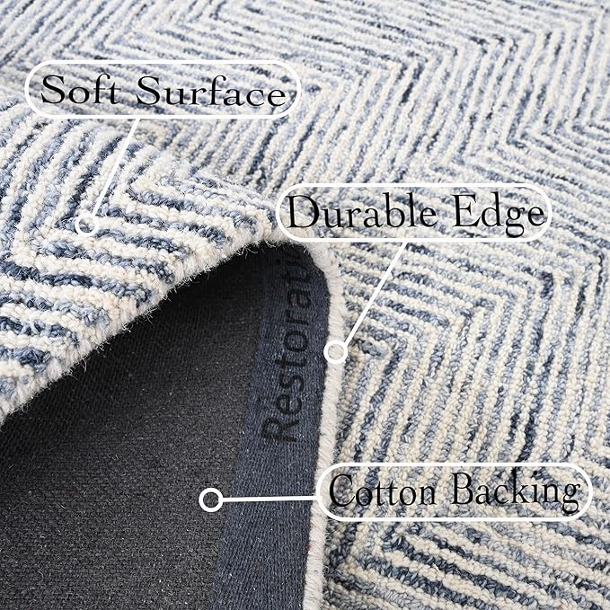 Modern Herringbone Chevron Collection Handcrafted Wool Area Rug - Durable, Zigzag Pattern, for High Traffic, Contemporary Design for Living Room, Bedroom, Dining Room Decor (Denim blue, 9' x 12')
