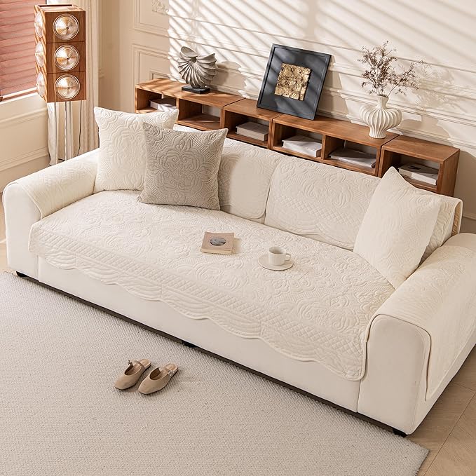 Couch Cover Sofa Covers Washable, Velvet Fleece Sofa Slipcovers for 4 Cushion Couch, Non-Slip Furniture Protector for Dog Pet, L Shaped Recliner Sectional Couch Cover White,36"X94"(Only 1 Pcs)