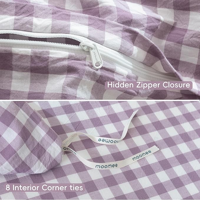 MooMee Gingham Duvet Cover Set 100% Washed Cotton Linen Like Textured Breathable Durable Soft Comfy Modern Checkered Design (Buffalo Plaid Tannish Linen Grey, Queen 90"x90")