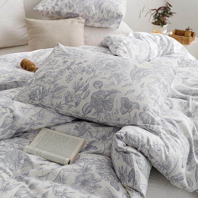 ECOCOTT Vintage Flower Duvet Cover Set, 100% Cotton Floral Pattern Duvet Cover Queen Size - Breathable Durable Soft Comfy Quilt Cover Queen Size