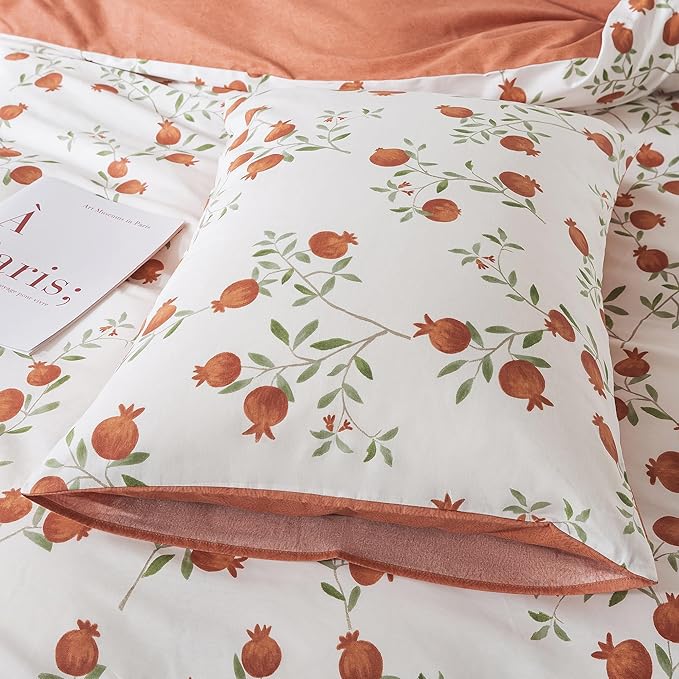 HoneiLife Fruits Duvet Cover Queen - 100% Cotton Comforter Cover 3-PC, Botanical Bedlinen Set with Zipper Closure & Corner Ties, Pomegranate Comforter Cover Sets