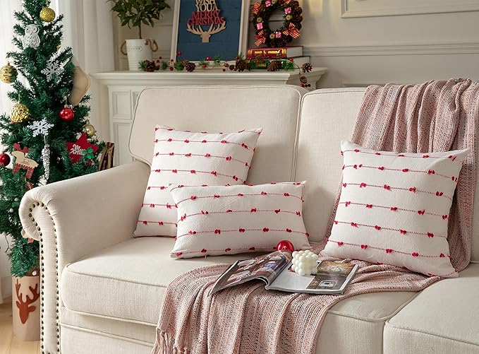 Caflife Boho Christmas Throw Pillow Covers 12x20 inches Beige and Red, Set of 2 Modern Farmhouse Holiday Decorative Pillow Covers for Couch Sofa Bed, Living Room