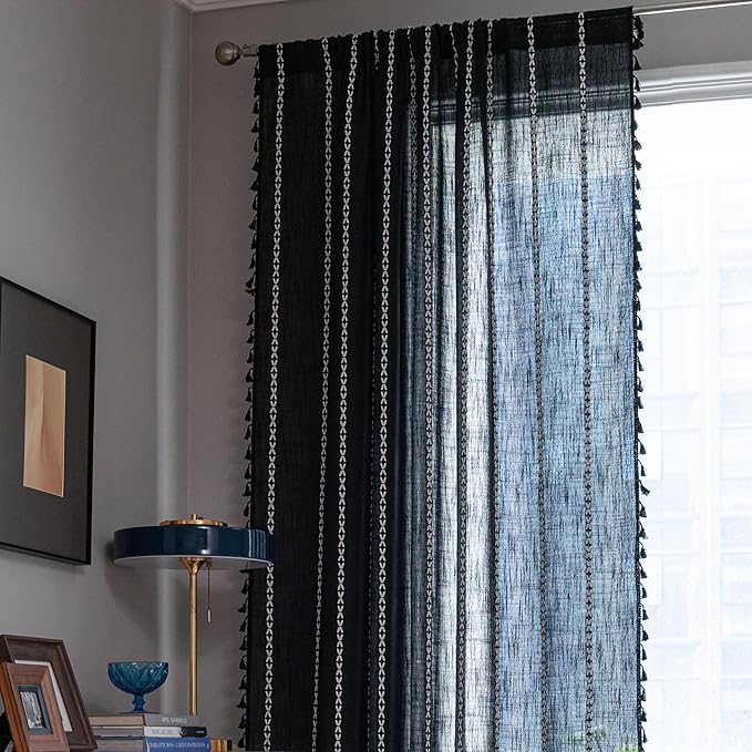 Sutuo Home Black Boho Curtains, Bohemian 1 Panel 108 inches Long for Bedroom Living Room Nursery Patio Halloween Decor, Vintage Country Linen Striped Farmhouse Window Treatment, 52" W x 108" L