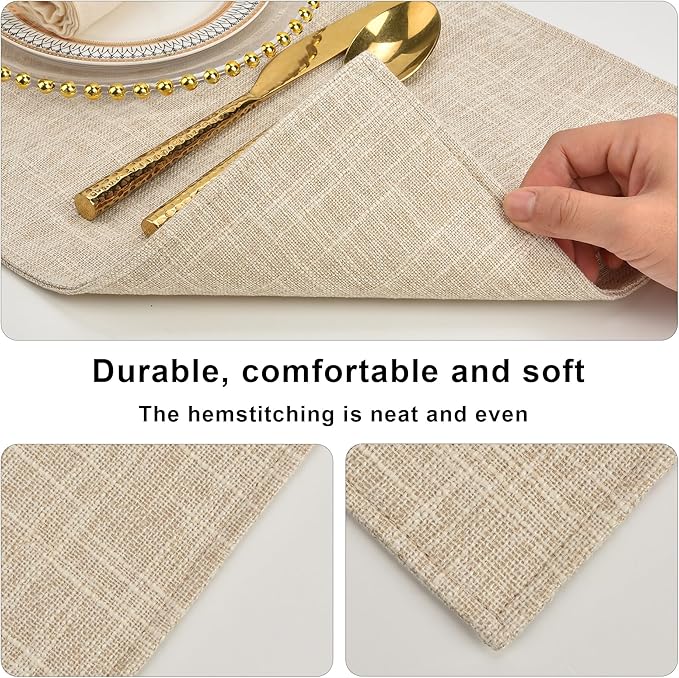 SLKQG Linen-Look Fabric Placemats Set of 4, Heat Resistant & Machine Washable Double-Layered Cloth Placemats for Dining Table, Indoor/Outdoor Use, Non-Slip Kitchen Table Mats (4, Beige Cream)