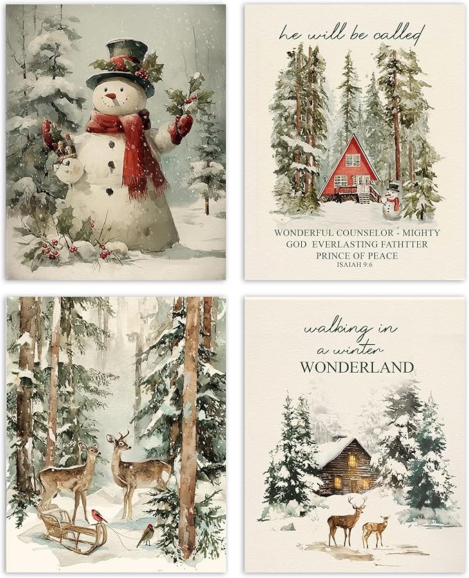 AEHIE Vintage Winter Holidays Snowman Wall Art Poster Prints for Home,Rustic Reindeer pine tree Decor, Snow Forest Frost Pictures Xmas Tree Deer Mountain House Photo Wall Art Unframed 4pcs 8x10inch