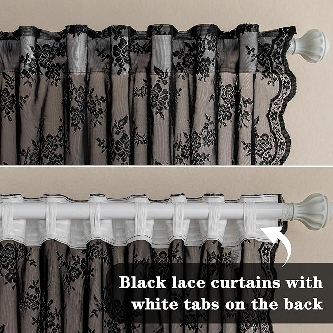 MEETSKY Black Lace Curtains 63 Inch Length 2 Panels Set Victorian Vintage Gothic Sheer Light Filtering Back Tab Rod Pocket Drapes for Halloween Decor, 50" Wide Each Panel