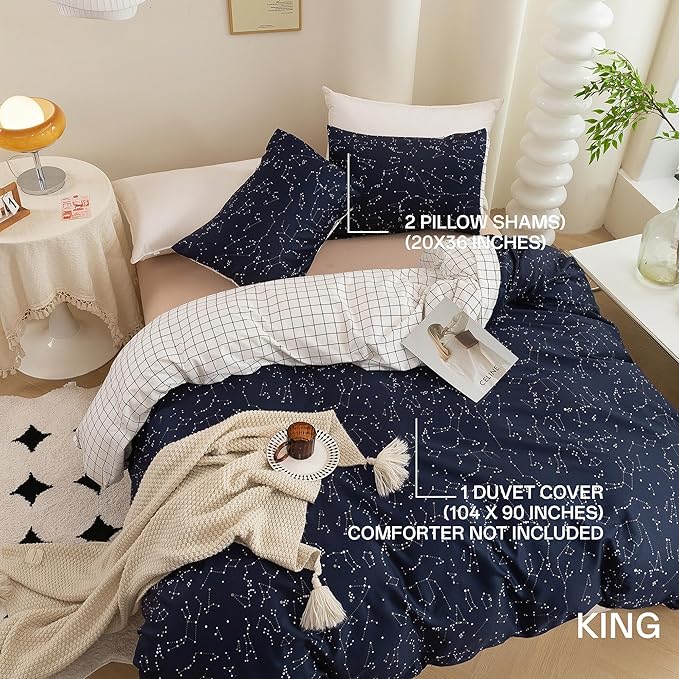 ECOCOTT Duvet Cover King, 3 Pieces 100% Natural Cotton 1 Duvet Cover +2 Pillowcases Bedding Set,Navy and Cosmic Constellation Reversible Printed Pattern Breathable and Durable Duvet Cover King Size