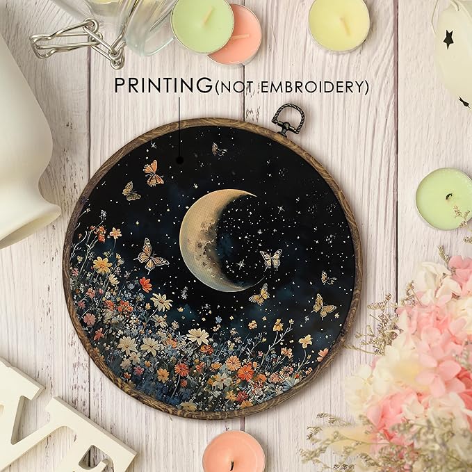 KFXHANGD Vintage Moon Floral Butterfly Round Wall Art Framed, Gothic Botanical Moon Canvas Wall Art Decor, Dark Cottagecore Wildflower Hanging Decor for Bedroom Living Room, 10x10inch