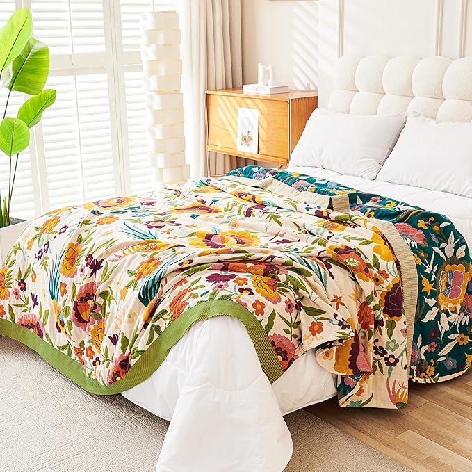Boho Throw Blanket, 100% Organic Cotton Breathable Ultra Soft 80" x 90" Bed Quilt Throw - All Season Floral Rustic Farmhouse Decor Luxury Reversible Blanket for Sofa Couch Chair and Gift