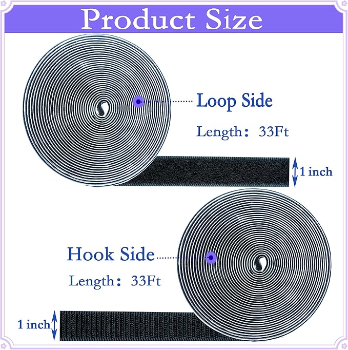 1 Inch x 33 Feet Adhesive Hook and Loop Tape，Nylon Heavy Duty Multi-Purpose Hook and Loop Strips，Black Self Adhesive Interlocking Tape Rolls Can Be Used to Fix Screen Window,Wall Hangings, Carpets