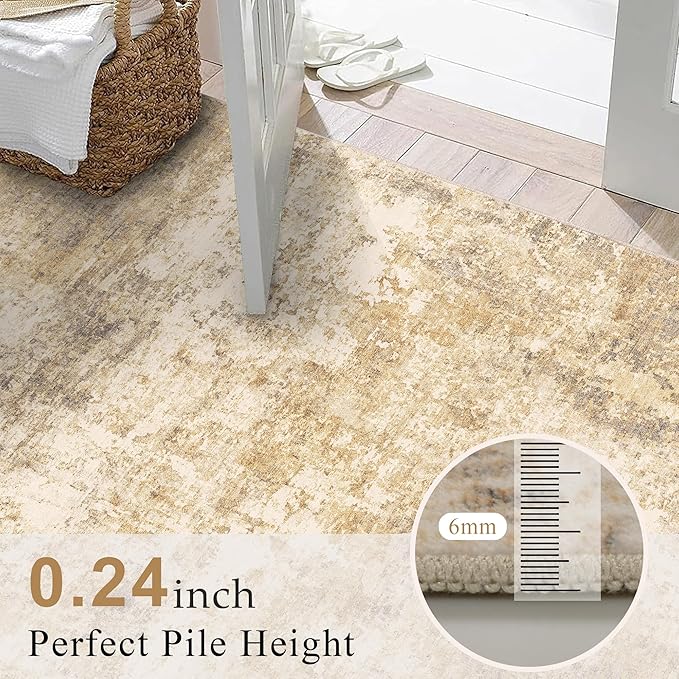 5x7 Modern Abstract Rug Washable Area Rugs for Living Room Bedroom Dining Room Non-Slip Low Pile Neutral Large Rug Soft Indoor Floor Carpet, Gold