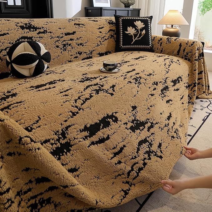 ROOMLIFE Striped Boho Khaki Couch Cover for 2-3 Cushion Sofa, Fuzzy Plush Warm Sofa Slipcovers Sectional Sofas Covers, Non Slip Washable Furniture Protector Soft with Tassel,Winter 71''X134”