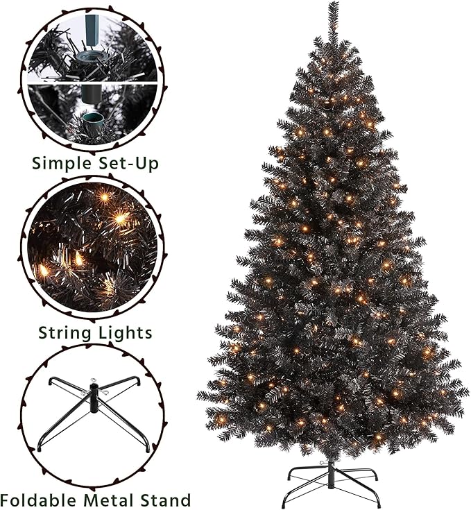 Yaheetech 6ft Pre-lit Halloween Black Spruce Artificial Hinged Christmas Pine Tree Prelighted Xmas Tree for Home Party Holiday Decoration with 300 Clear Warm White Lights and 818 Branch Tips, Black
