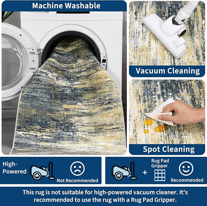 Modern Abstract Living Room Rug 8x10, Washable Area Rugs for Bedroom, Stain Resistant Non Slip Large Rug, Soft Indoor Carpet for Dining Room Table Home Decor, Yellow/Black