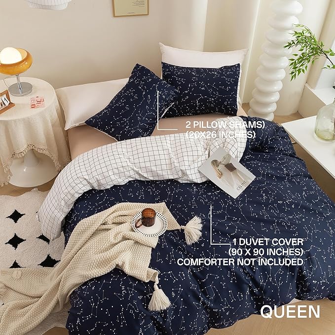 ECOCOTT Duvet Cover Queen, 100% Natural Cotton 1 Duvet Cover +2 Pillowcases Bedding Set,Navy and Cosmic Constellation Reversible Printed Pattern Soft Cozy Breathable and Durable Duvet Cover Set
