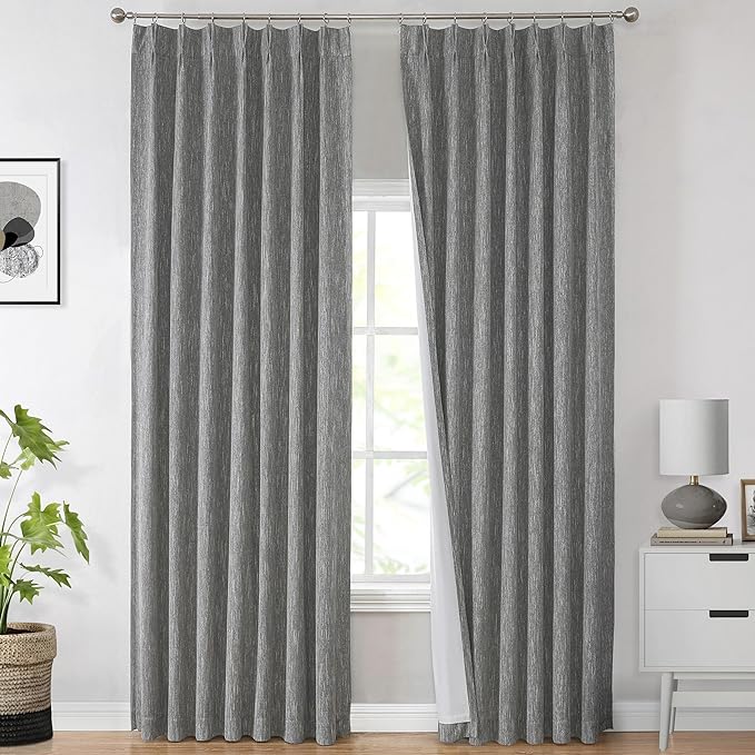 Vision Home Charcoal Grey Pinch Pleated Full Blackout Curtains Room Darkening Window Curtains 90 inch for Living Room Bedroom Thermal Insulated Pinch Pleat Drapes with Hooks Back Tab 2 Panel 40"Wx90"L