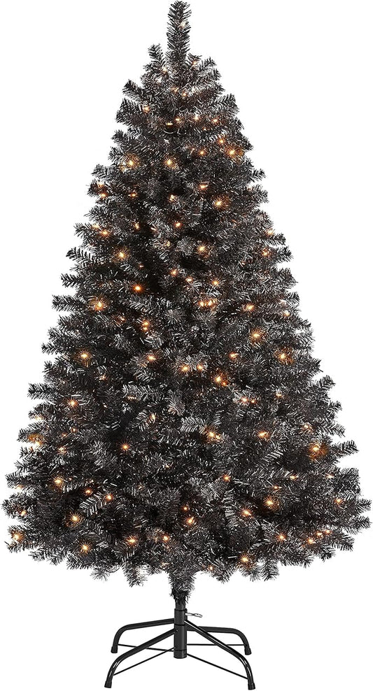 Yaheetech 4.5ft Pre-lit Halloween Black Spruce Artificial Hinged Christmas Pine Tree Prelighted Xmas Tree for Home Party Holiday Decoration with 150 Clear Warm White Lights and 324 Branch Tips, Black