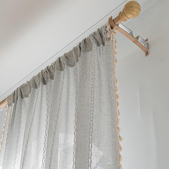 Sutuo Home Boho Curtains for Bedroom Dining Room Kitchen, Semi Blackout Linen Farmhouse Shabby Chic Tassels Window Treatment Bohemian Embroidery Drape, Rod Pocket 1 Panel 52" W x 63" L, Light Grey