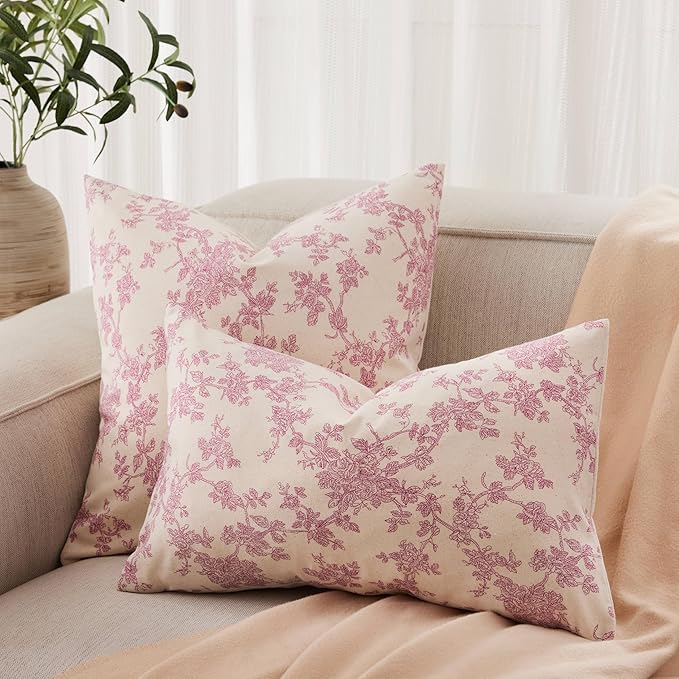 100% Cotton French Pastoral Throw Pillow Covers Set of 2, 16x16 Inch Pink Farmhouse Decorative Cushion Covers for Sofa Bed Living Room Home Decor