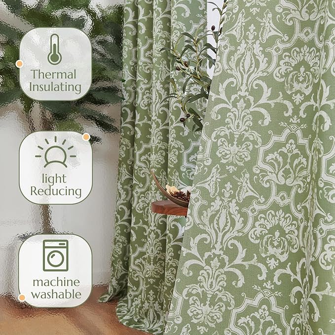 jinchan Room Darkening Curtains for Bedroom Sage Green Damask Patterned Curtains 96 Inch Length for Living Room Linen Textured Vintage 8FT Long Drapes Window Treatments Grommet Top 2 Panels Set