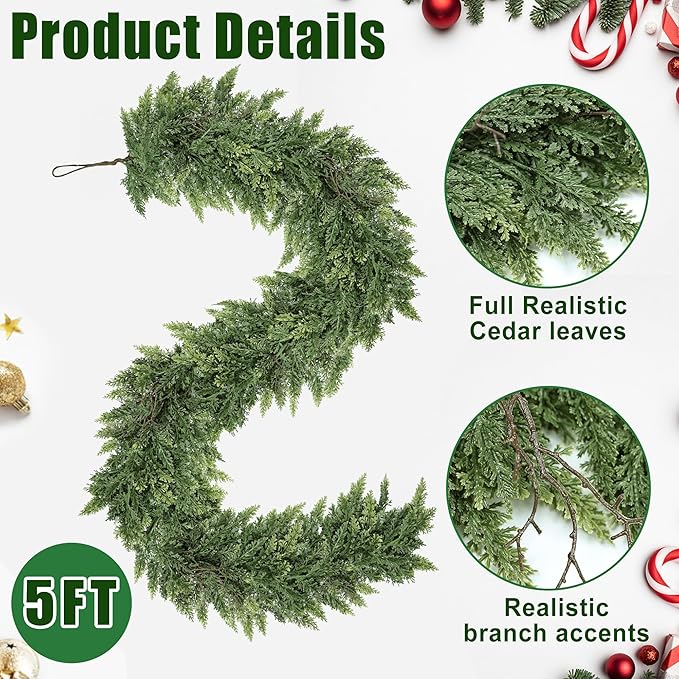 5ft Christmas Garland Realistic Soft and Thickness Green Faux Cedar Pine Garland Artificial Cedar Cypress Garland for Home Fireplace Wall Indoor Outdoor Holiday Party Home Decoration