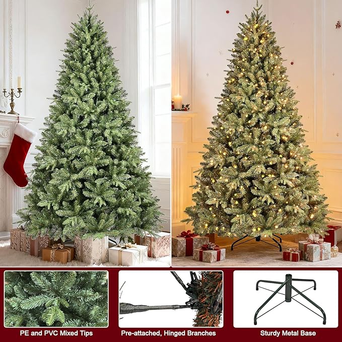 8FT Pre-Lit Artificial Christmas Tree with 2748 PE&PVC Mixed Branch Tips, 600 Warm White Lights, Hinged Premium Spruce Fake Xmas Trees, Green, Foldable Base