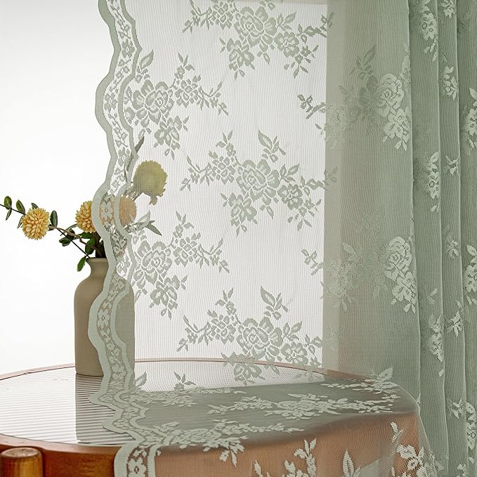 MEETSKY Lace Sheer Curtains 63 Inch Length Sage Green Vintage Victorian French Elegant Farmhouse Decor for Living Room Bedroom Back Tab Rod Pocket Light Filtering Drapes, 50" W Each Panel, 2 Panels