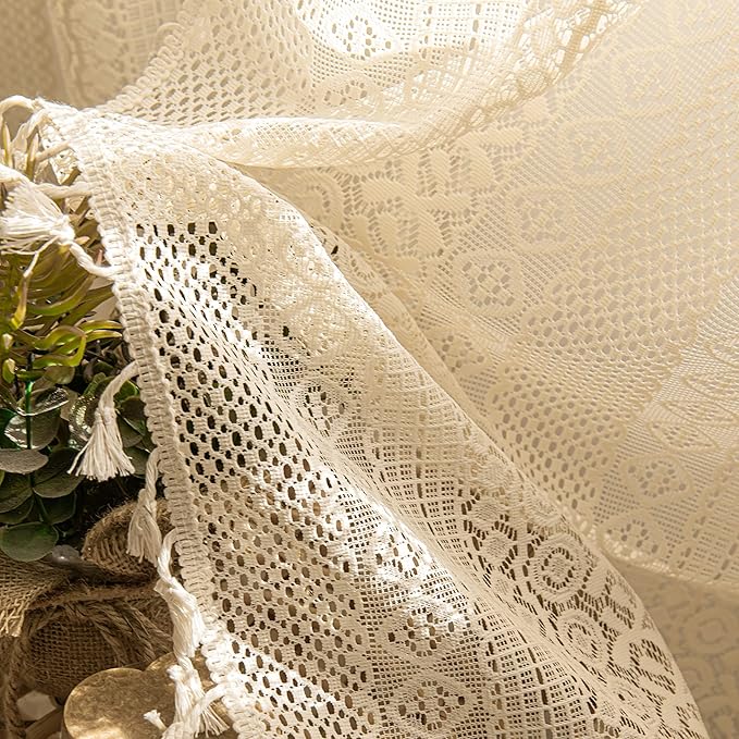 Sutuo Home Boho Curtains 2 Panels 63 Inches Length for Bedroom, Window Treatments Bohemian Sheer Crochet Lace Vintage Drapes Pair, Beige Geometry Knitted with Handmade Tassels Rod Pocket, 52" x 63"
