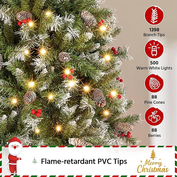 Yaheetech 7.5ft Pre-lit Frosted Artificial Hinged Christmas Tree with 1398 Flocked PVC Tips,88 Pine Cones,88 Holly Berries & 500 Warm White Lights,Foldable Stand,Green