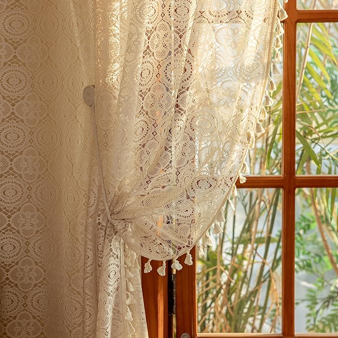 YJ YANJUN Boho Crochet Curtains with Tassel 63 Inch Length 2 Panel Sets Vintage Floral Pattern Lace Sheer Drapes Rod Pocket Privacy Cottage Curtains for Bedroom Living Room Bay Window W59 x L63 Beige