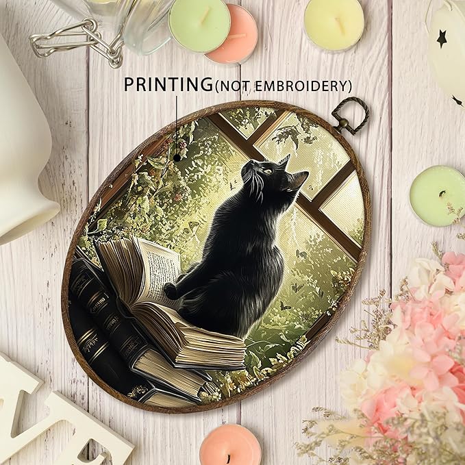 KFXHANGD Vintage Dark Academia Black Cat Oval Wall Art Framed, Antique Cottagecore Black Cat Canvas Wall Art Decor, Rustic Moody Gothic Cats Hanging Decor for Living Room Bedroom, 8.7x11.3 In