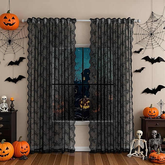 MEETSKY Black Lace Sheer Gothic Halloween Curtains 84 Inches Long 2 Panels Set Vintage Victorian Elegant Light Filtering Back Tab Rod Pocket Drapes for Home Decor, 50" Wide Each Panel