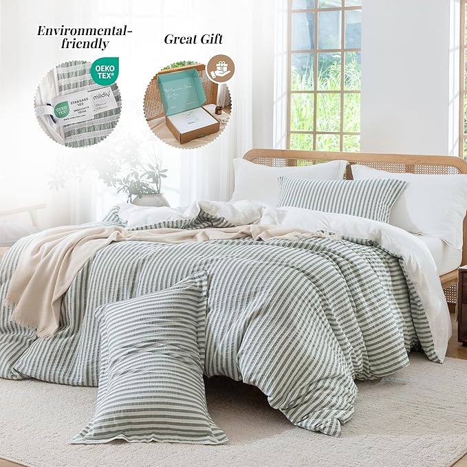 MILDLY Jacquard Stripe Duvet Cover - Sage Green 100% Washed Cotton Boho Textured Comforter Cover 3pcs with Zipper Closure 104"x90"