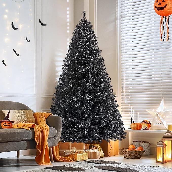 Yaheetech 7.5Ft Pre-Lit Halloween Black Artificial Hinged Christmas Pine Tree Prelighted Xmas Tree for Home Party Holiday Decoration with 550 Clear Warm White Lights and 1354 Branch Tips