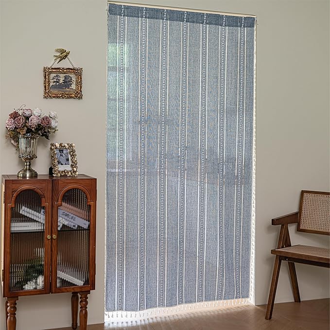 Sutuo Home Blue Boho Door Curtains for Doorway, Bohemian Semi Blackout with Tassels Privacy Embroidery Drape Decor for Temporary Room Dividers Bedroom Living Room, Rod Pocket 1 Panel 37" W x 80" L