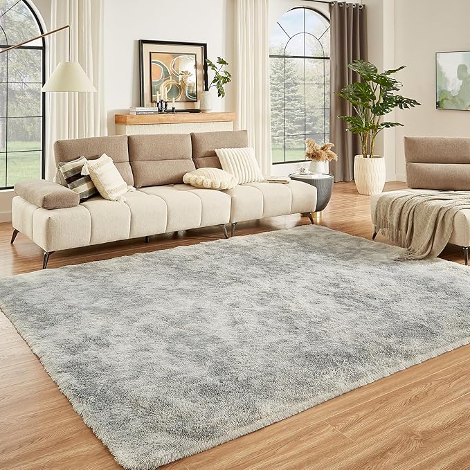 Floralux 8x10 Rugs for Living Room, Tie-Dye Light Grey, Soft Fluffy Shag Carpets for Bedroom, Shag Large Area Rugs for Bedroom