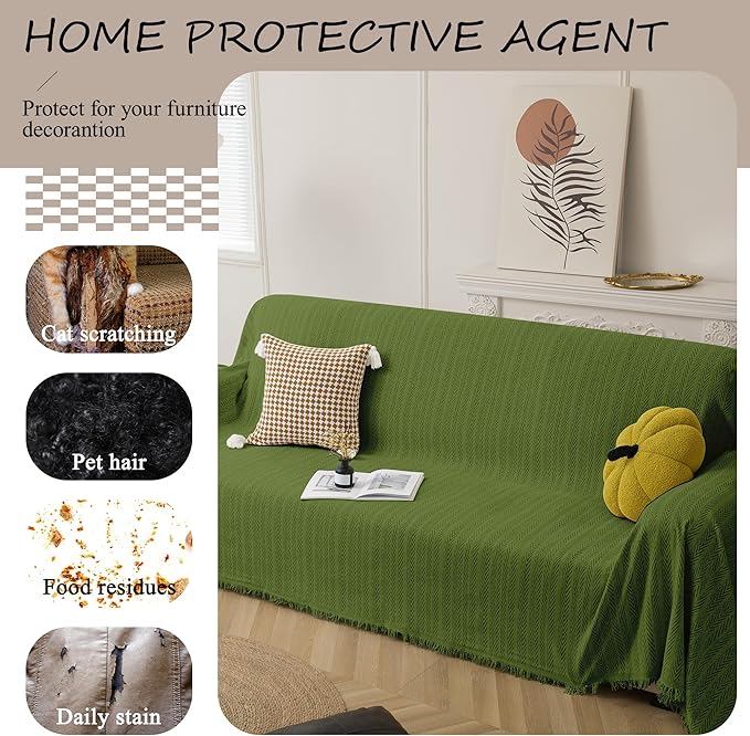 ALIECOM Boho Couch Covers for Sectional Sofa 2 Piece Thick Chenille L Shape Sectional Sofa Cover for Dogs Couch Cover Blanket Sofa Slipcovers Pet Furniture Protector Washable (X-Large, Lines Green)