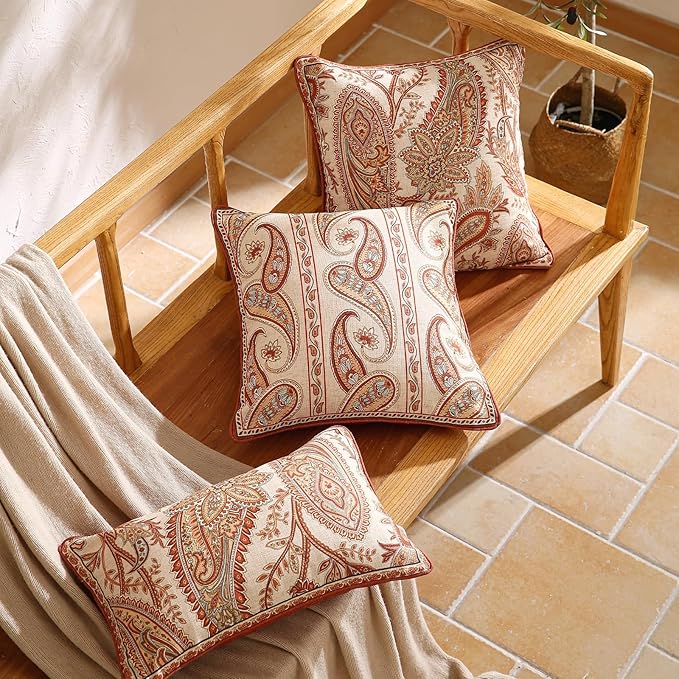 ISAENNE Design Linen Classic Vintage Throw Pillow Covers 12"x20" Pack of 2, Lumbar Cushion Covers with Orange Yellow Paisley Style Pattern Decoration Pillowcases for Bed,Living Room,Outdoor,Car