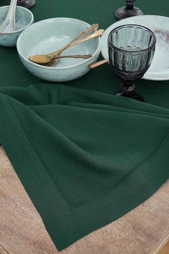 Solino Home Linen Tablecloth 60 x 90 Inch - Classic Hemstitch 100% Pure Linen Rainforest Green Table Cloth for Rectangle Tables - Machine Washable Tablecloth for Fall, Thanksgiving, Christmas, Winter