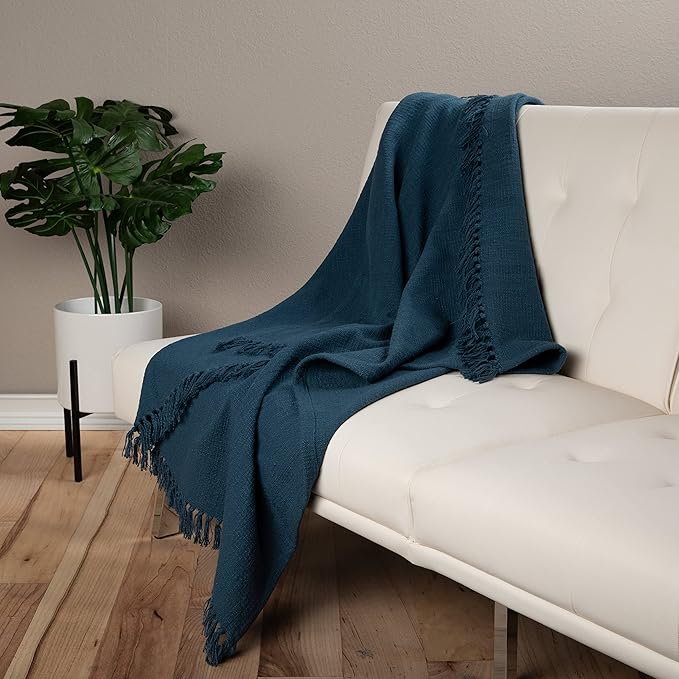 Sticky Toffee Woven Cotton Throw Blanket 60x50 in – Blue Navy Textured Blanket with Fringe for Couch or Bed, Thick and Durable Boho Decorative Throw