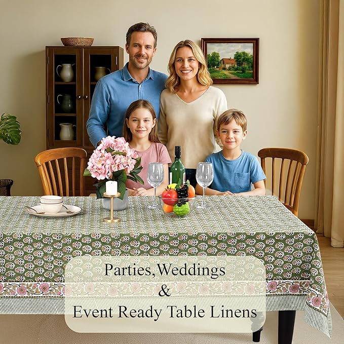 CPC Tablecloth 100% Cotton 72x140 Inch Indian Block Print Easter Rectangle Table Cover, Table Cloth for Weddings, Parties- Jade Green 12-Seater