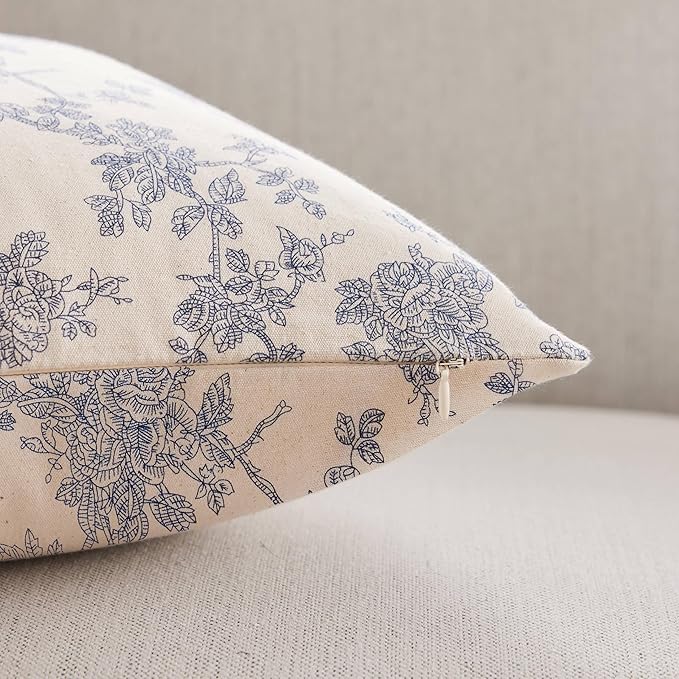 100% Cotton French Pastoral Throw Pillow Covers Set of 2, 24x24 Inch Double Sided/Blue, Farmhouse Decorative Cushion Covers for Sofa Bed Living Room Home Decor