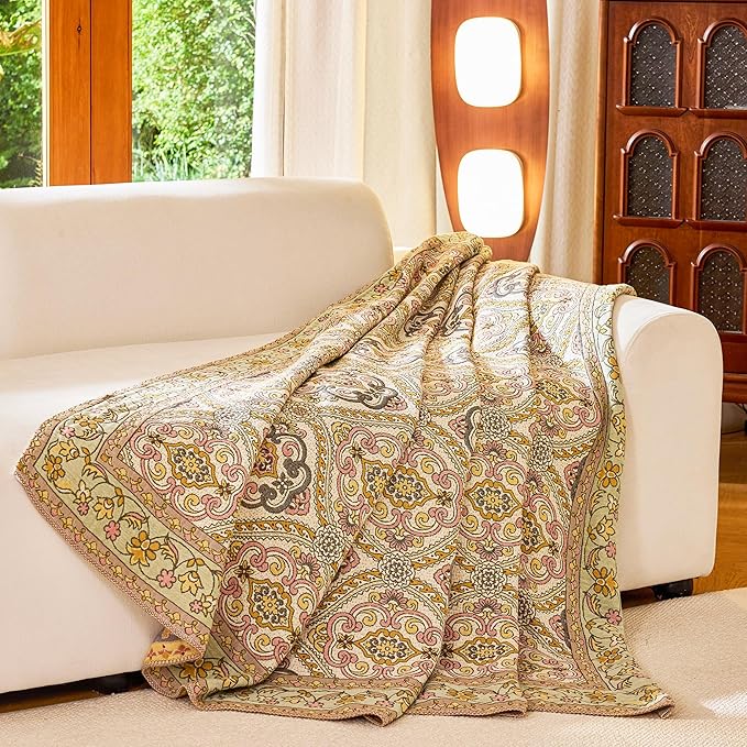 Boho Throw Blanket 60" x 80", 100% Organic Cotton Breathable Skin-Friendly Ultra Soft Bed Quilt Throw - Floral Rustic Decor Luxury Reversible Blanket for Sofa Couch Chair and Gift,